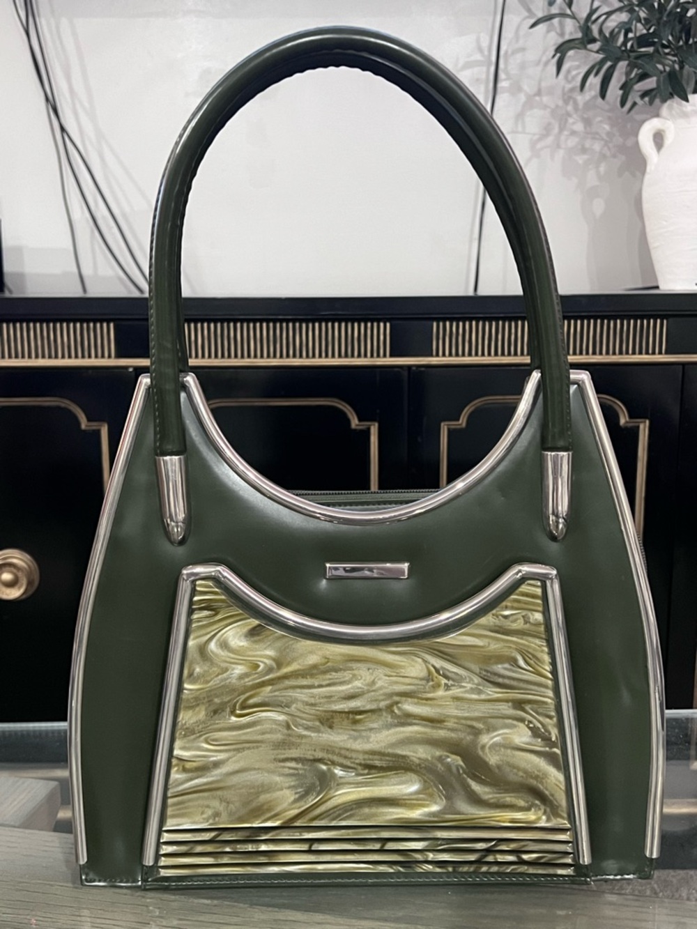 Vintage Retro Patent Leather Acrylic Marble Structured Panel Top-handle Handbag